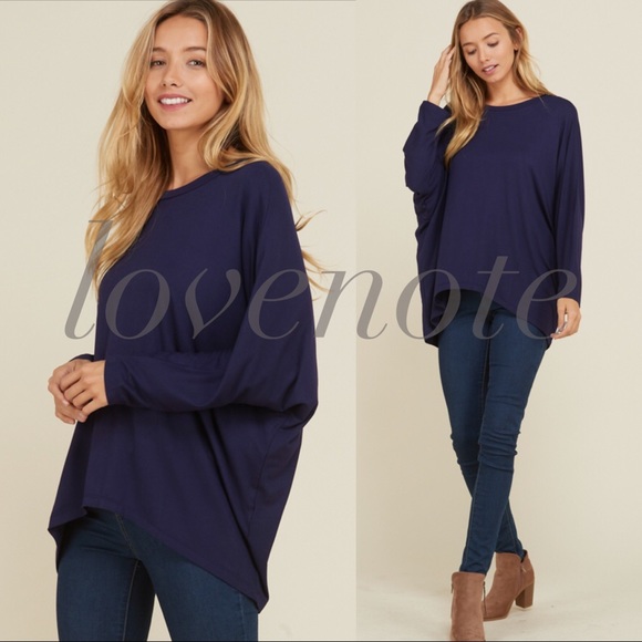 1 left! Navy Long Sleeve High Low Tee Relaxed Fit - Picture 2 of 5
